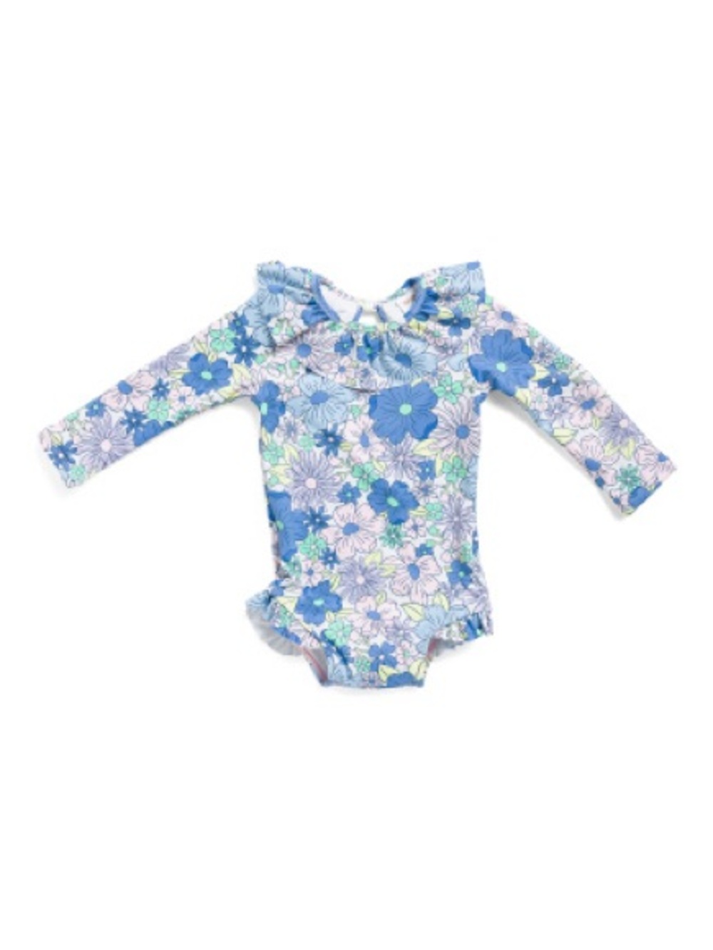 Long-Sleeve Floral Ruffle One-Piece Swimsuit in Blue